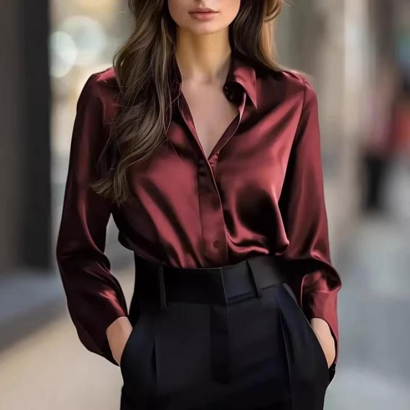New Solid Color Temperament Commuter V-neck Shirt Spring and Autumn Loose Top for Women