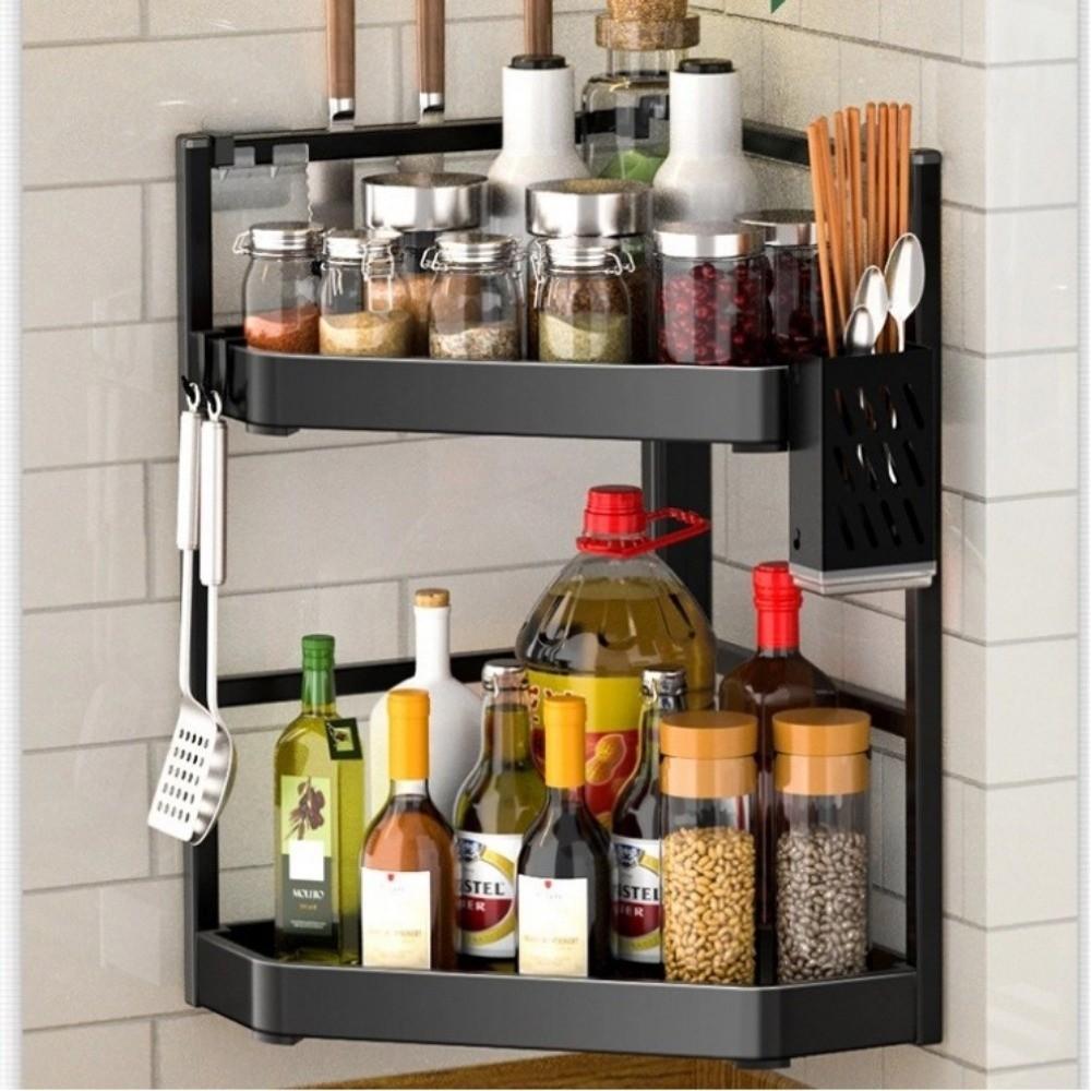 Household 2/3 Layer Condiments Rack Corner Stand with Hooks Seasoning Rack Carbon Steel Storage Rack Kitchen Organizer Supplies