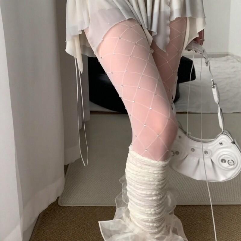 Spring And Autumn Thin White Fishnet Stockings With Diamonds Women'S Anti-Hook Silk Summer Sexy Rhombus Bright Diamond Pantyhose