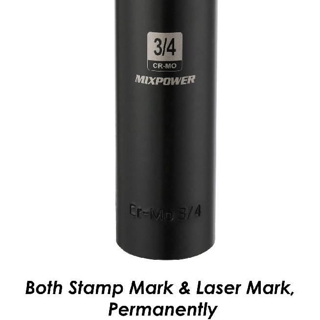 MIXPOWER 1/2" Dr. x 3/4-inch Extra Long Deep, 6 Point Impact Socket, Cr-Mo Alloy Steel, Radius Corner Design, Dual Size Markings, 5 inch Length