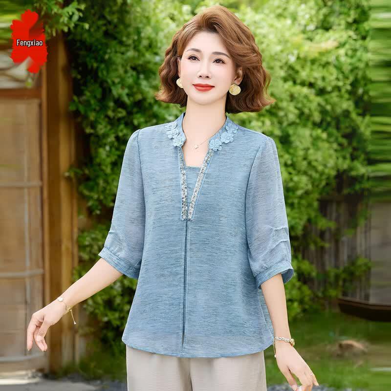Elegant Embroidered Faux Two-Piece Top & Set for Middle-Aged Women 5XL