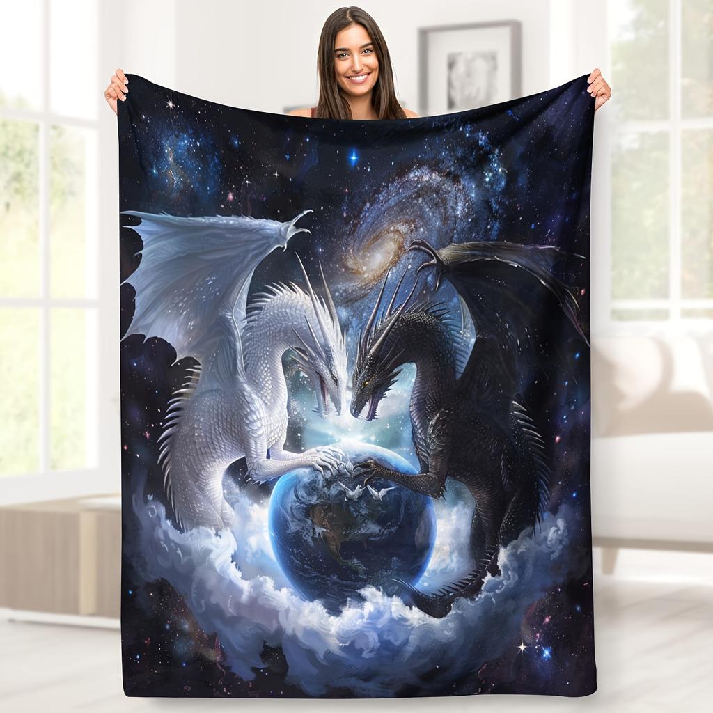 Dragon Earth Flannel Blanket – White Black Galaxy Design – Ultra-Soft Heavyweight Throw