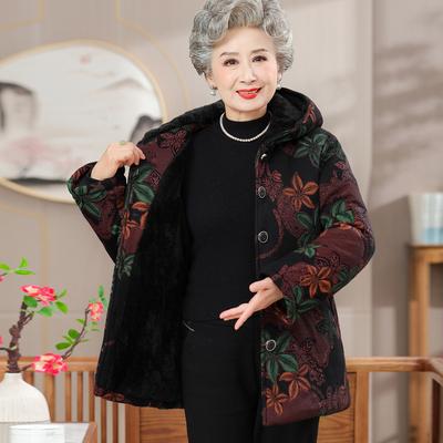 Grandma Winter Hooded Cotton Coat 60-year-old Elderly Women's Clothing Plus Velvet Thickened Warm Cotton Jacket Old Lady Mother Winter Clothes