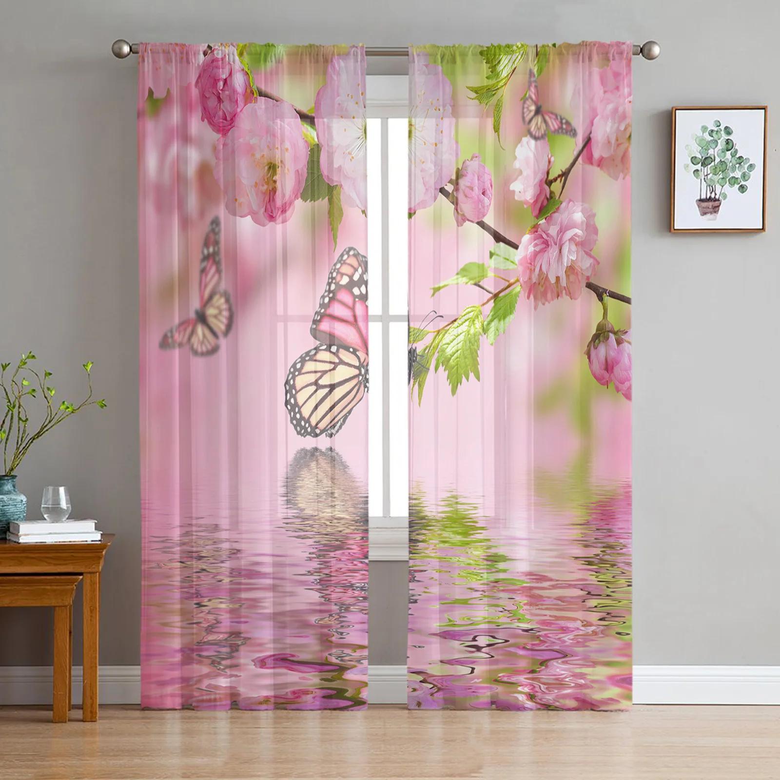 

Lilac Floral Blooms Abstract Design Desktop Art Chiffon Transparent Drapes for Living Room Bed Chamber Ornamentation Window Voiles Tulle Drapes W135 x H115cm x1&Grommet Top