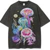 Colorful Jellyfish Print TShirt Vintage Washed Marine Life Graphic Tee Casual Streetwear Oversized Cotton Tops