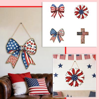 Independence Day USA Blue Background  Star Red And Striped Elements Bowknot 2D Wooden Door Window Wall Hanging Ornament