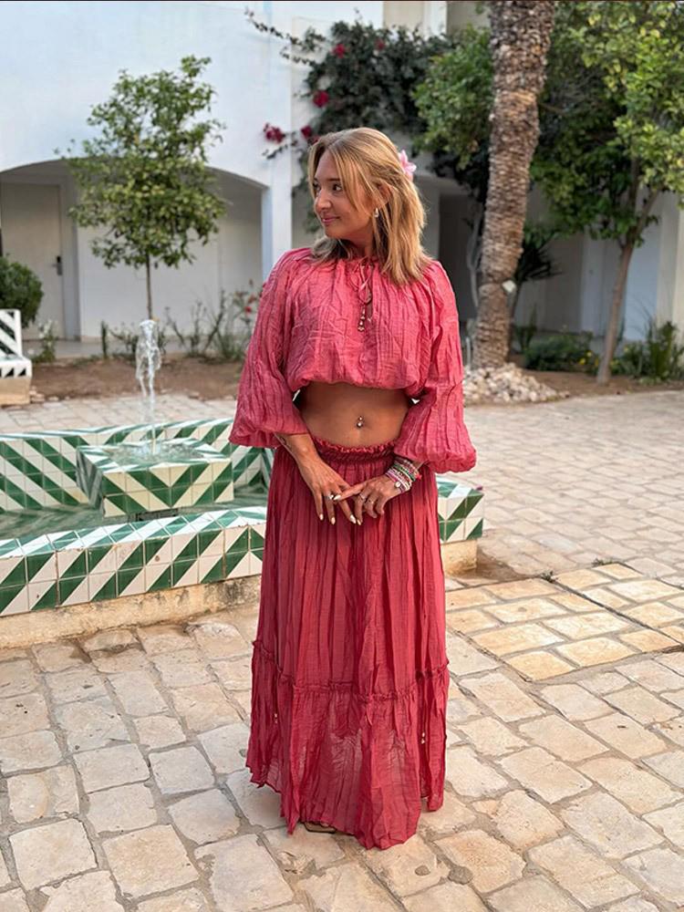 ZA Women's 2025 Spring European & American Style Crinkle Ruffle Stand Collar Short Top and Midi Skirt Set