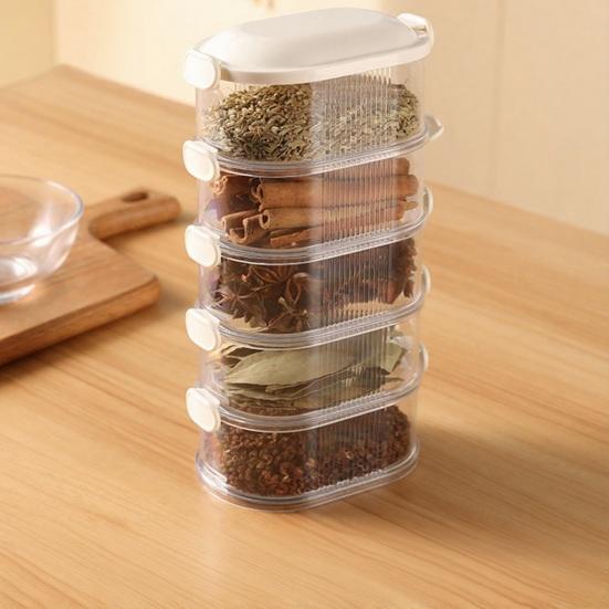 5-stufiger versiegelter Gewürzorganizer Stapelbare Gewürzaufbewahrungsboxen Luftdichter Gewürzorganizer mit transparenten unterteilten Fächern für Gewürze Kräuter Würzmittel