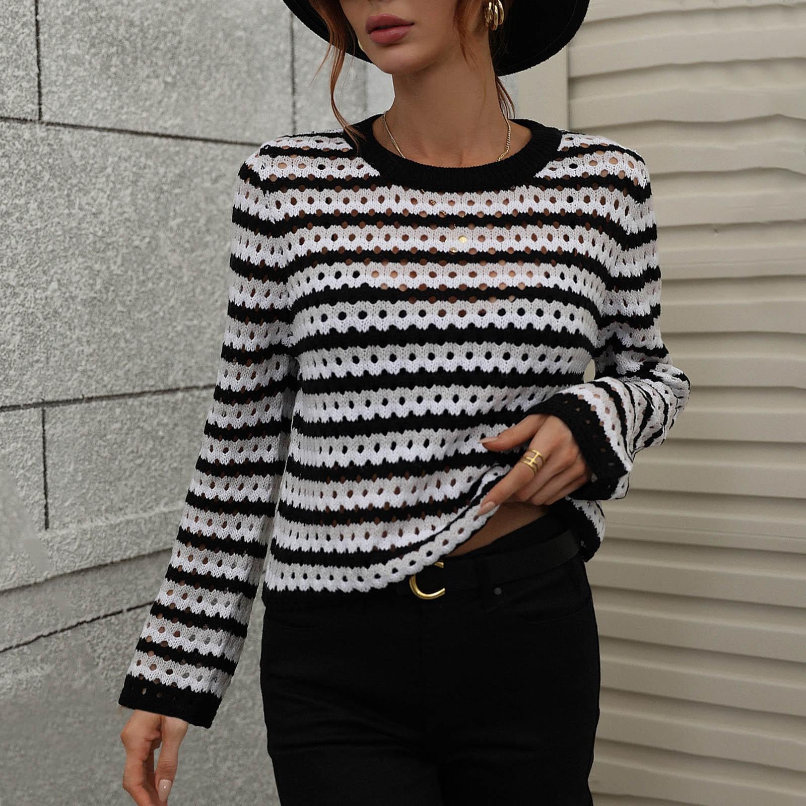 

Женский осенне-зимний вязаный свитер с круглым вырезом и длинным рукавом в полоску