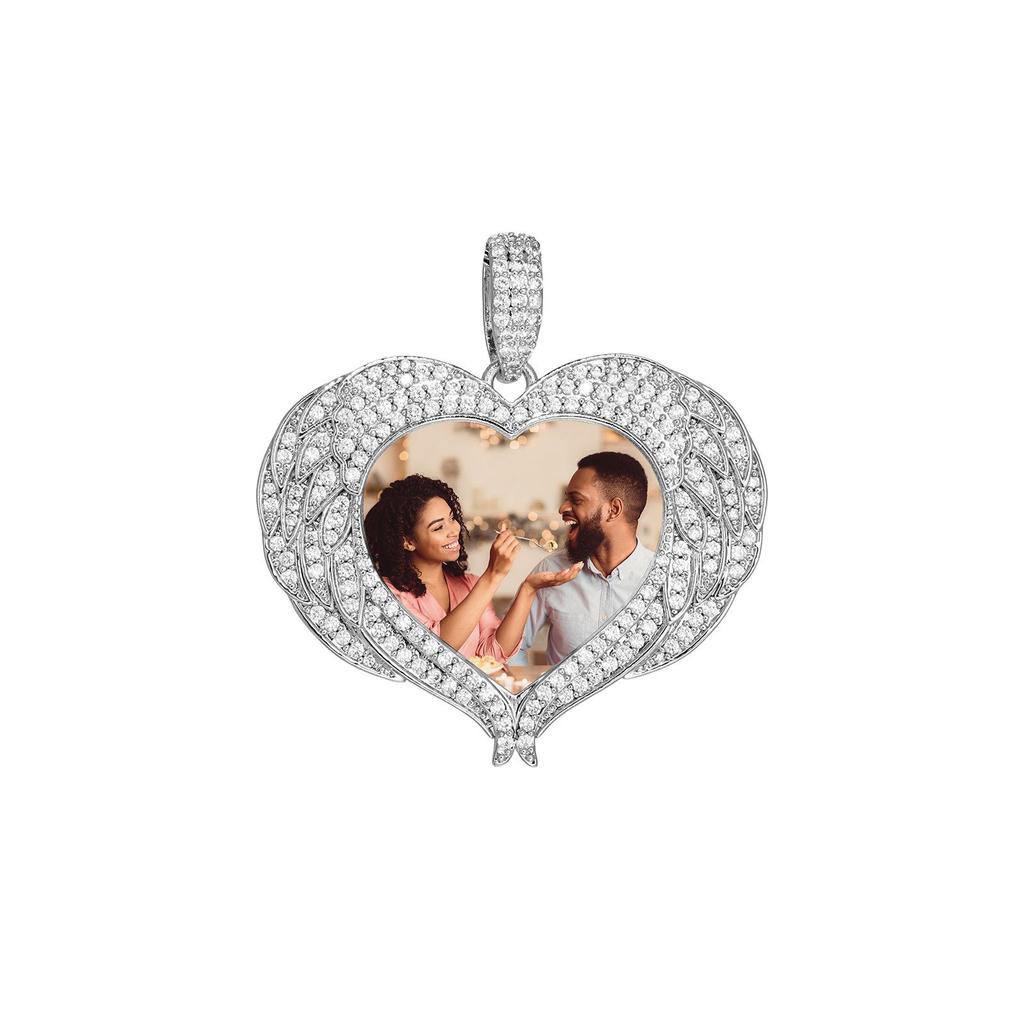Custom Trendy Heart and Angel Wings Photo Necklace - Personalized DIY Pendant Jewelry