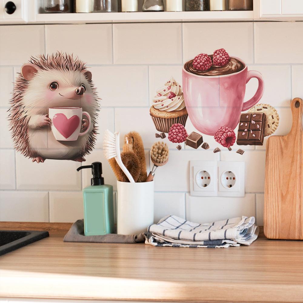 Cute Hedgehog Dessert Coffee Cup Kitchen Dining Room Home Background Beautification Wall Stickers