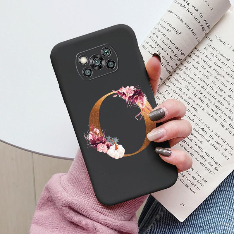 Letter Case For Poco X3 NFC PocoX3 Pro Back Cover Retro Flowers Pink Black Soft TPU Initial Fundas For Xiaomi Poco X 3 Pro Coque