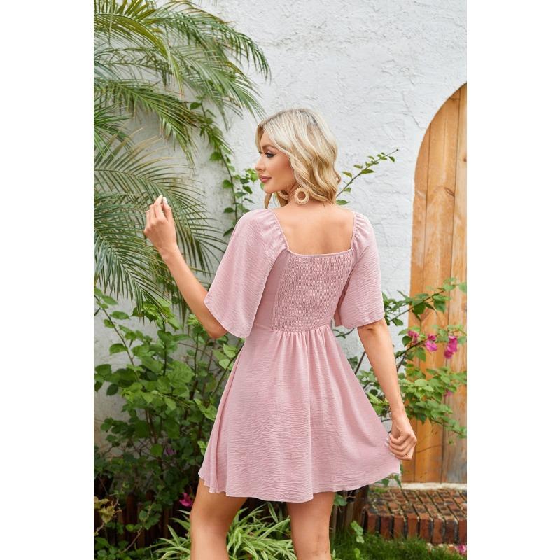 Female V-neck Bow Tie Tied Short Sleeved Mini Dress