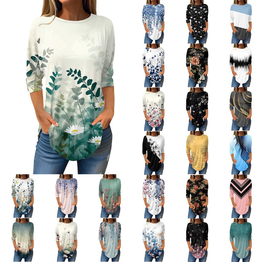 Women's Loose Round Neck Print 3/4 Sleeve T-Shirt Top Pullover