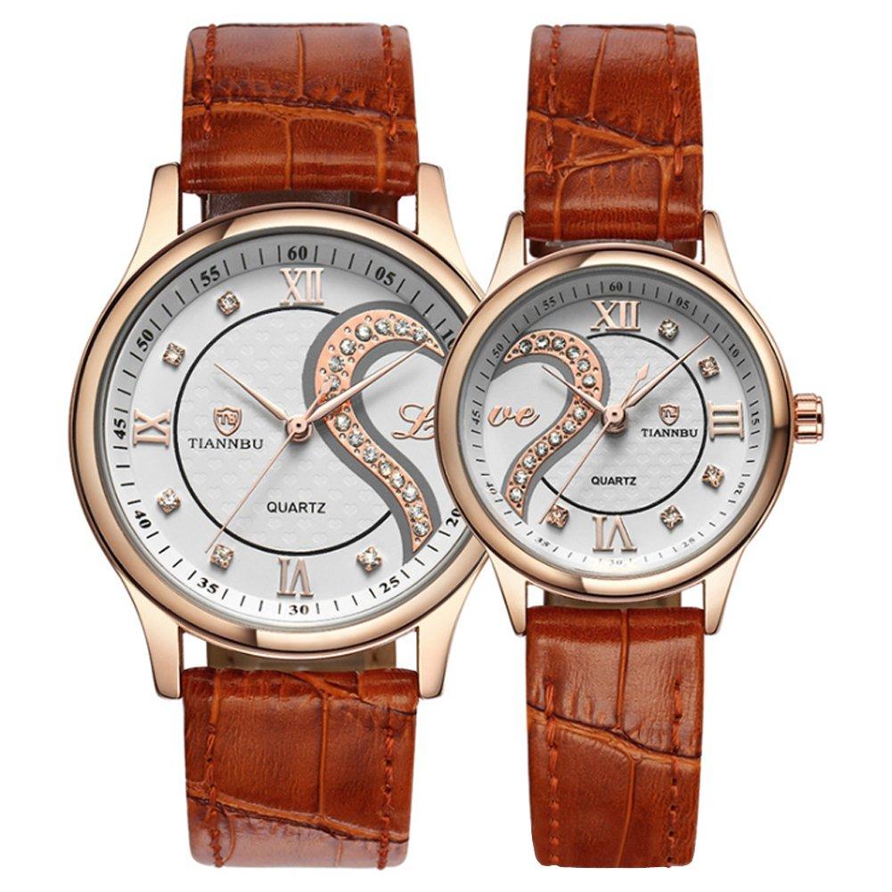

Romantic Couple s Watch for Men and Women, Popular Leather Strap with Heart Design, Golden, D-102