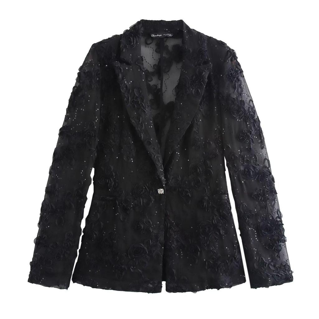 Autumn Product Women's Collar Long Sleeved Embroidered Bead Decoration Texture Suit Jacket High Waisted Long Pants Set