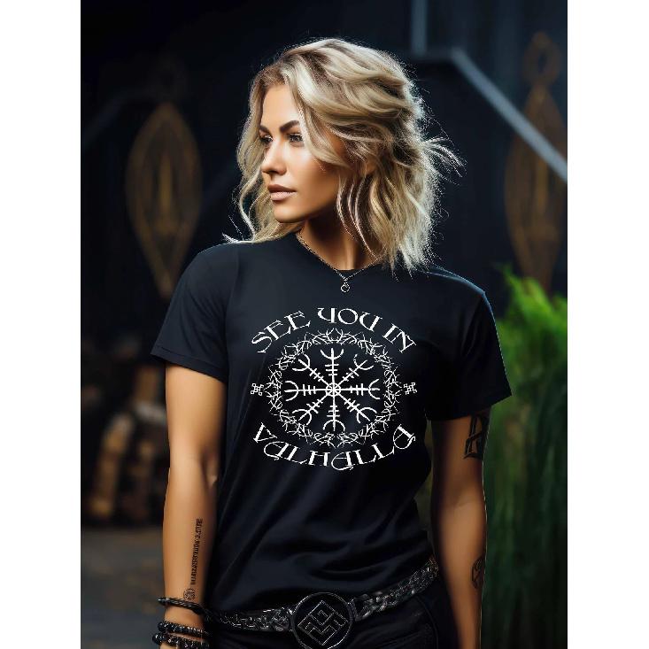 Schildmaiden Helm Of Awe See You In Valhalla Damen Premium T-Shirt | Nordic Viking Wear, Crew Neck, Slight Stretch Fabric, Regular Fit, Casual Style,