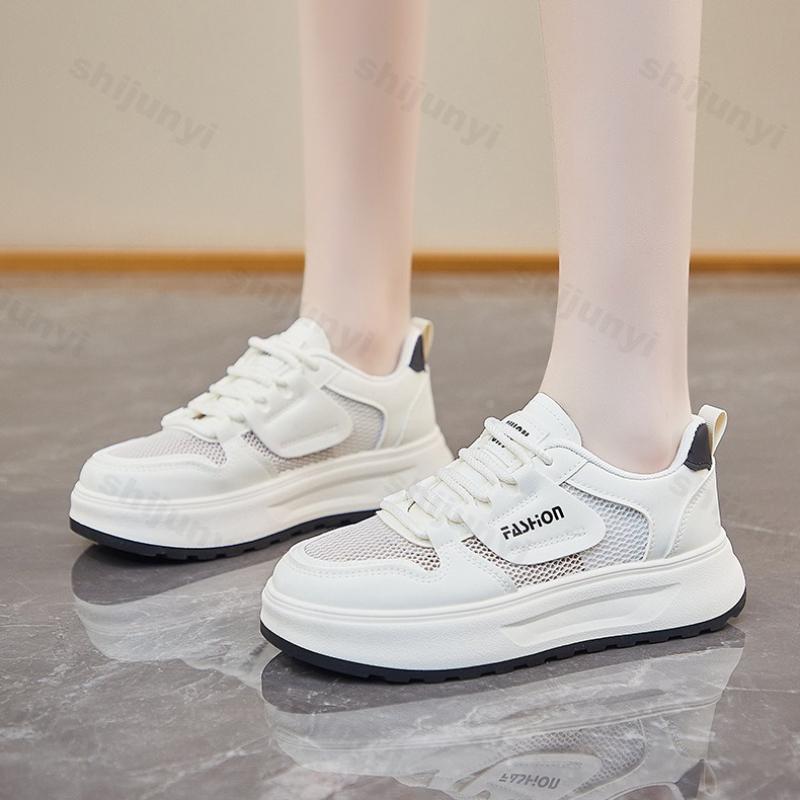 Women's White Sneakers Autumn New Mesh Breathable Height Increase Casual Shoes Comfortable Fashion Cross Tied Non Slip Flats