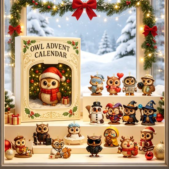 Niedliche Tier-Spielzeugsammlung 2026 Eule/Hund Adventskalender, 24 Tage Countdown bis Weihnachten mit Mini-Figuren-Box-Schmuck, PVC Sammelfiguren