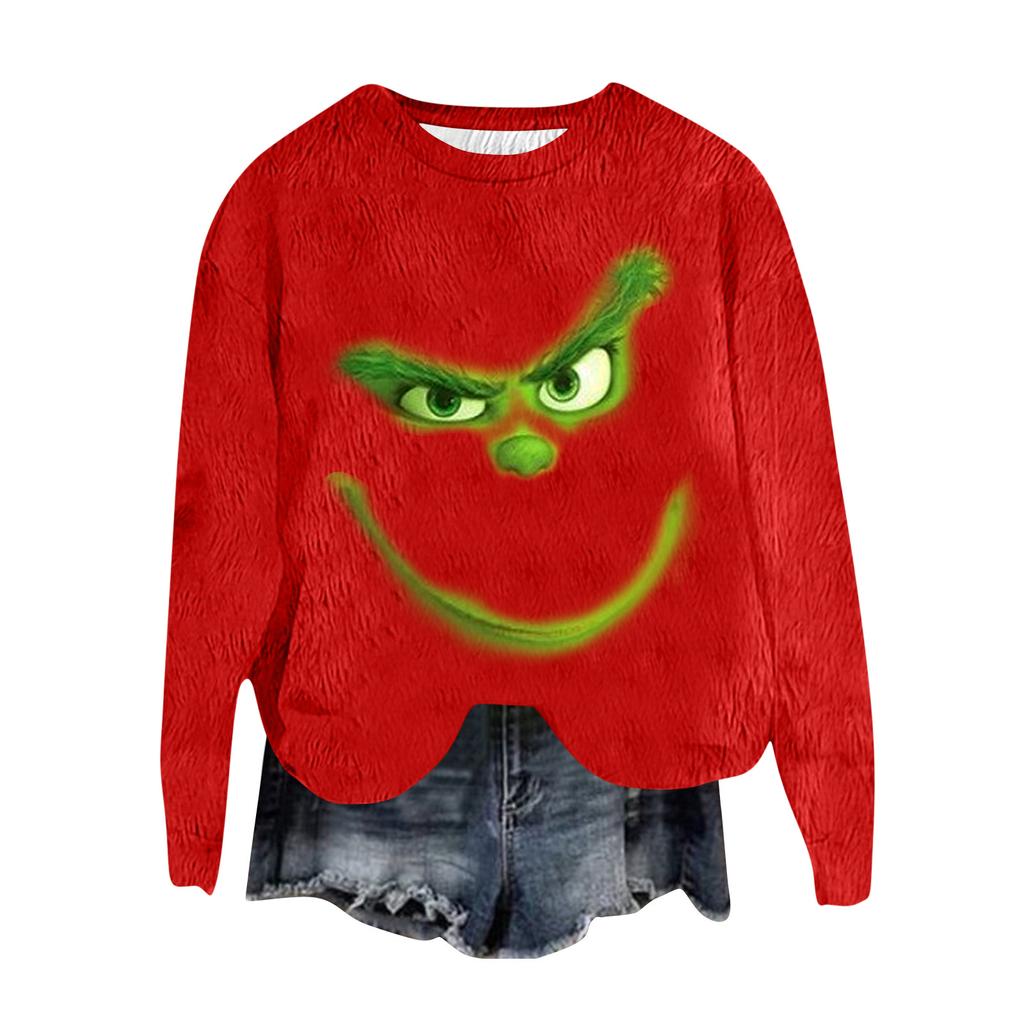 Women's Fashion Round Neck Pullover Top Long Sleeve Tee Christmas Printed Sweatshirt
