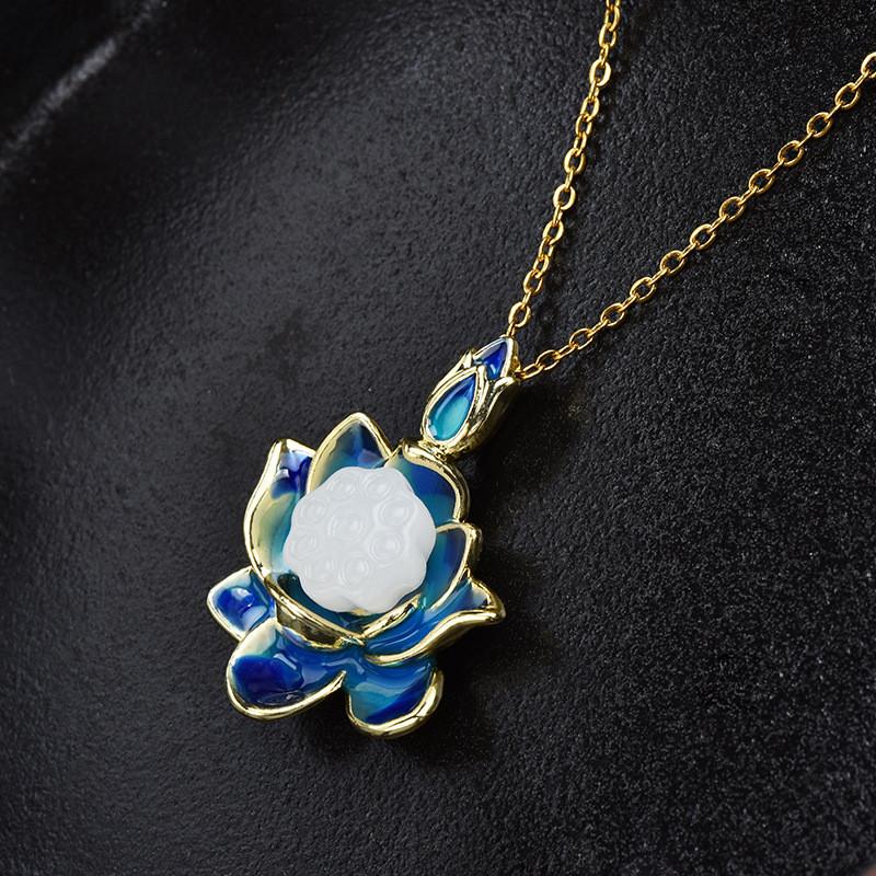 Elegant Enamel Lotus Pendant Necklace For Women Featuring Vintage Floral Design In Titanium Steel