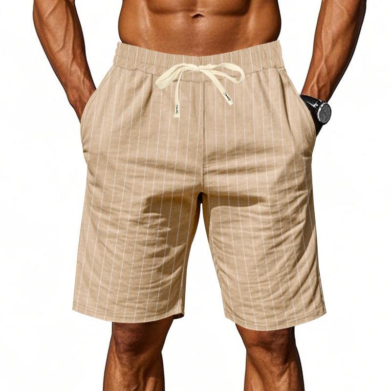 Men's Loose-Fit Linen Beach Shorts - Breathable Striped Jacquard Drawstring Cropped Casual Shorts