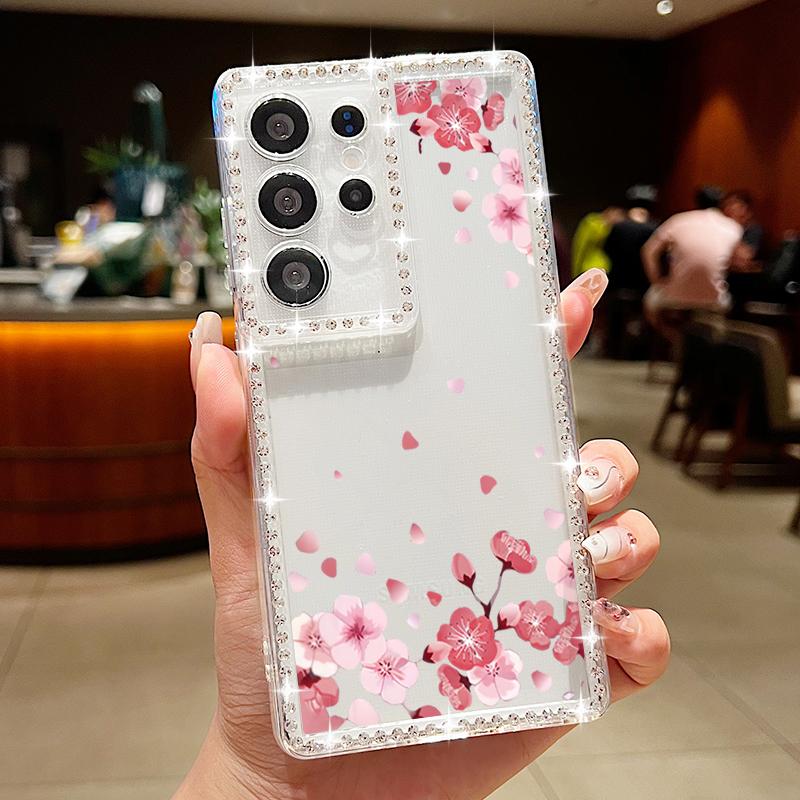 

Прозрачный чехол с ромбовидной рамкой для Samsung S25 Ultra S24 FE S23 S22 A56 A36 A16 A15 A55 A35 с бантом и цветочным принтом, мягкий силиконовый противоударный чехол для телефона Samsung A06