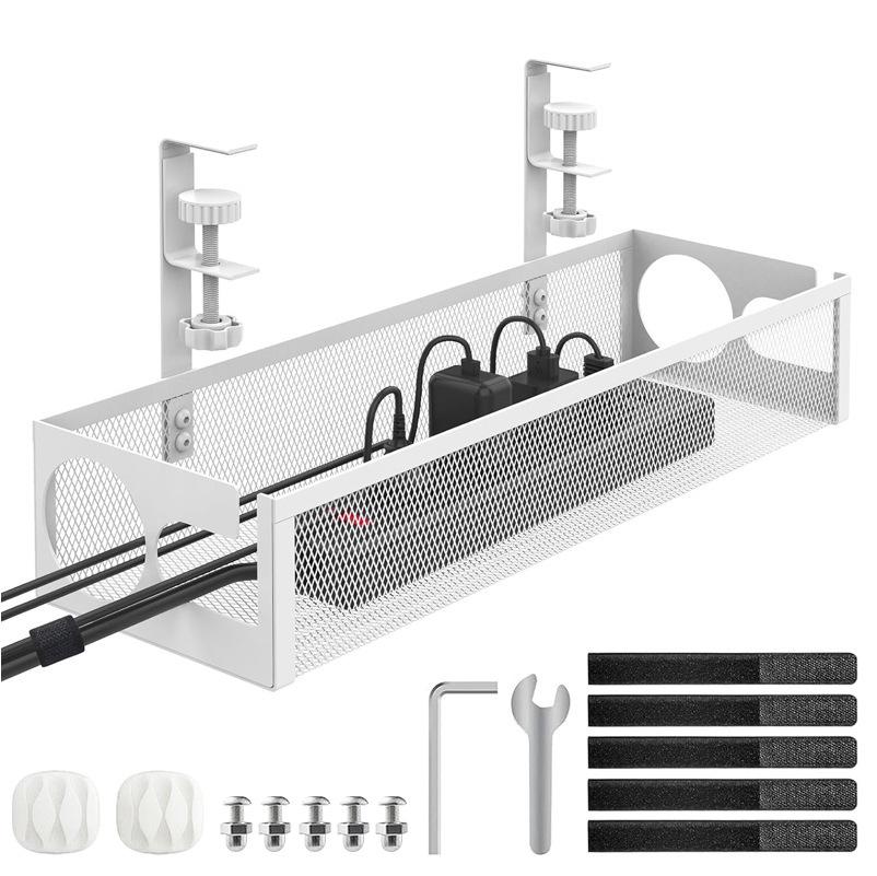 Punch-free Under-desk Cable Management Rack - Wrought Iron Hanging Basket for Office Storage With Accessories