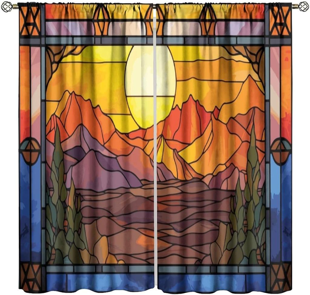 Stained Glass Blackout Window Curtains, Autumn Forest Mosaic Art Beautiful Nature Scenery Stained Glass Home Kitchen Livingroom