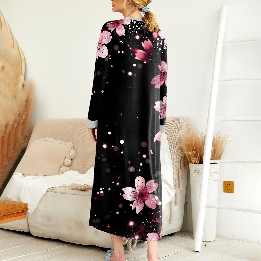 Damen Nachthemd Mode Bedruckter Langer Hausmantel V-Ausschnitt Pyjama Mit Taschen Kleid