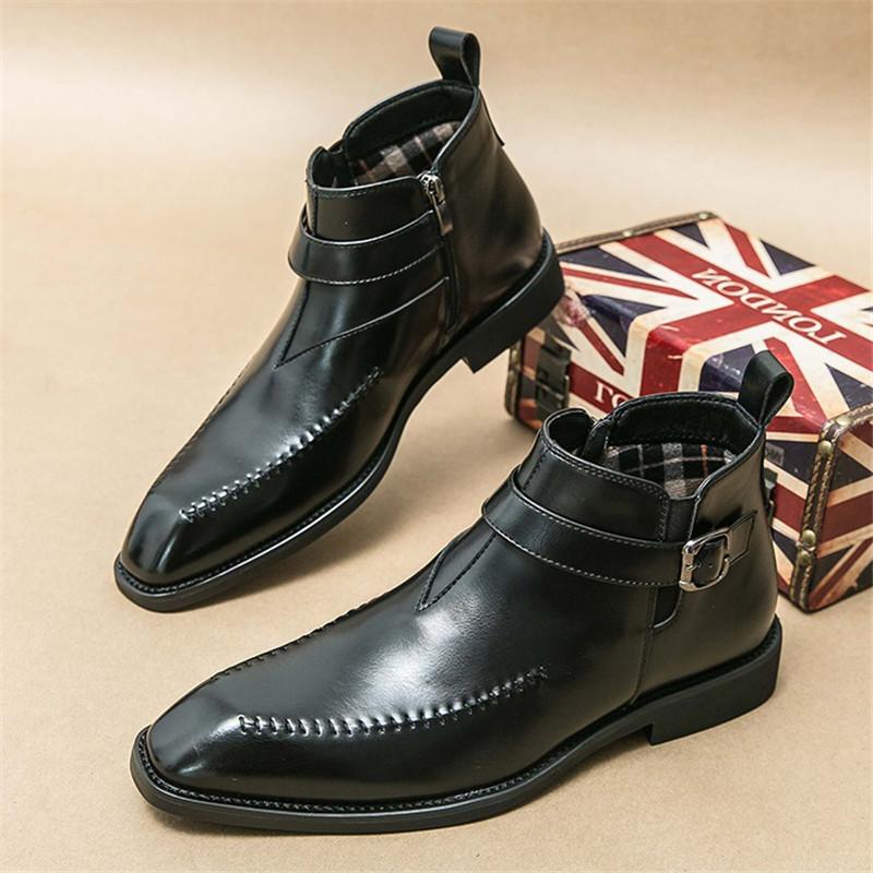 

Designer New Men s Pointed Brown Patent Leather Chelsea Casual monk strap Ankle Boot Male Winter High Tops Shoes Zapatos Hombre 38 чёрный