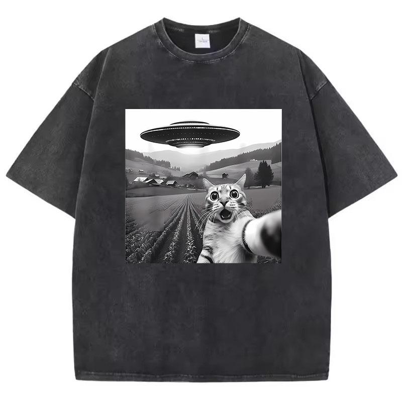 Trendy T Shirt Vintage Washed Cotton T-Shirt Retro UFO and Cat Pattern Graphic Top Tee Casual Streetwear Spring Summer