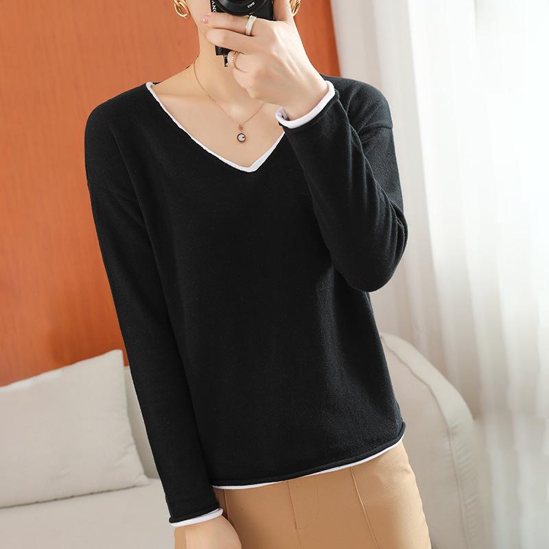 

Хлопковый свитер с V-образным вырезом, контрастной расцветки, имитация двойки, женская базовая рубашка, весна-осень, новый стиль, свободный вязаный свитер-топ XXL