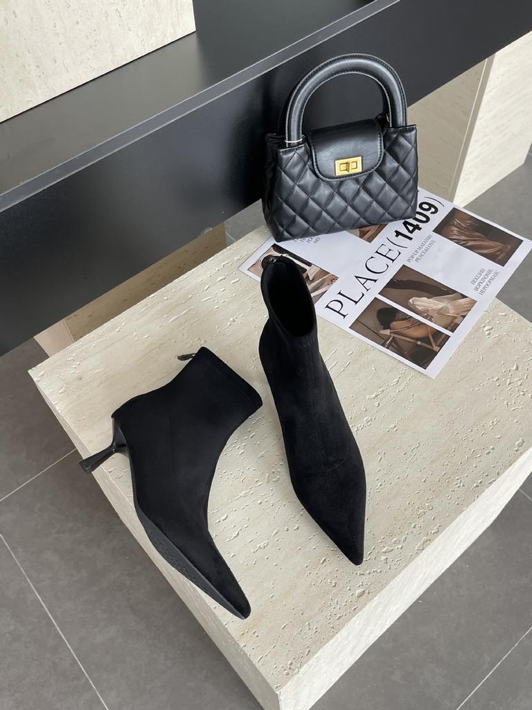 British High-heeled Pointed-toed Temperament Suede Short Boots for Women 2025 New Autumn and Winter Thin-heeled Korean Thin Martin Boots for Women