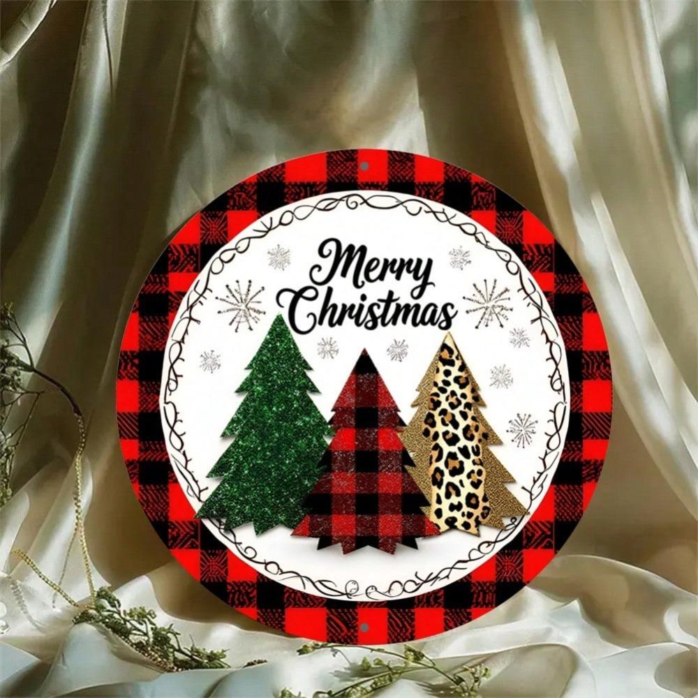 8 Inch Round Metal Wall Art Christmas Decor Plaid Leopard Wreath Sign for Home Kitchen Garden Office Holiday Decorating