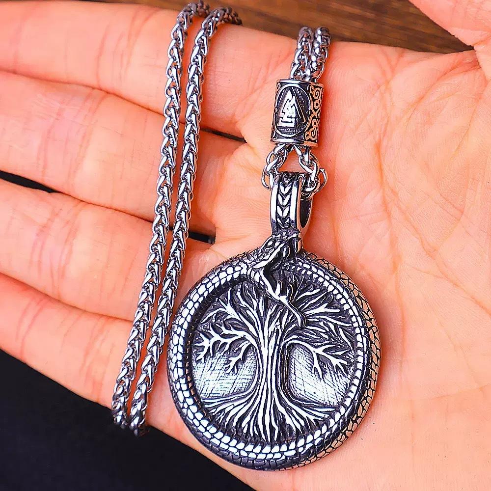 Literary Retro Ethnic Wind Snake Entanglement Viking Tree of Life Round Pendant European Popular Street Men's Sweater Chain 2026