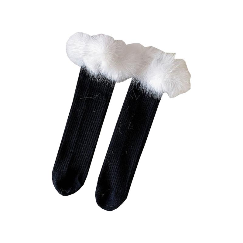 

Japanese JK Girl Ribbed Knitted Sweet Calf Socks Women Winter Warm Furry Plush Trim Patchwork Middle Tube Cotton Socks One Size