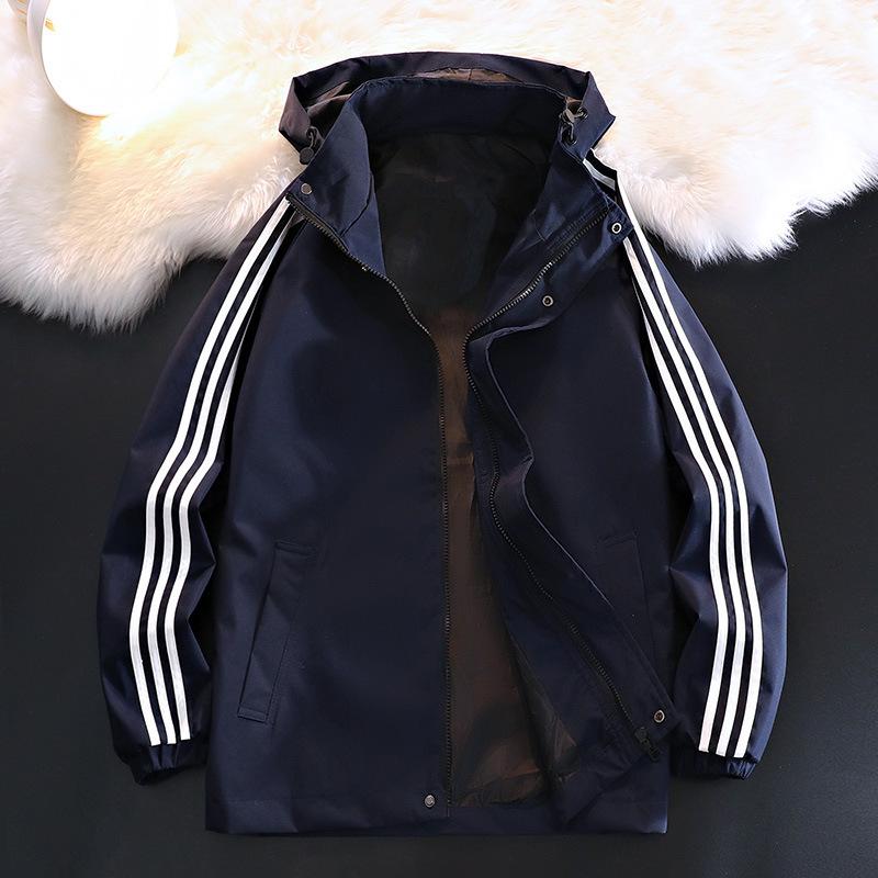Men's Three-Stripe Hooded Windbreaker Jacket - Trendy High Street Casual Fashion for Spring and Autumn.