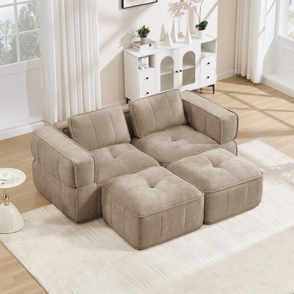 Modular Two-Seater Sofa with Two Stools, Without Struts, 32D High-Density Foam, Deep Seat, Soft Fabric, Ideal for Living Room and Apartment, Sand.
