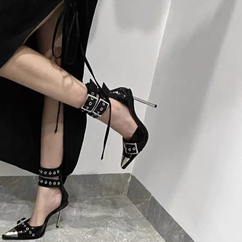 Fashion High Heels Spring Anti-collision Metal Pointed Head Shallow Mouth Rivets Metal Buckle Cover Foot Non-slip Sandals