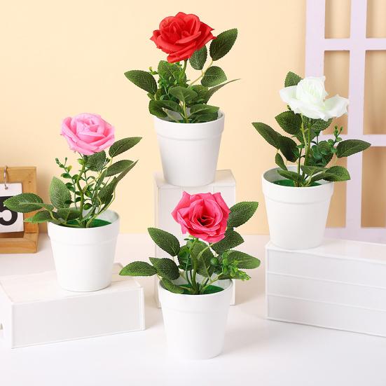Artificial Potted Rose Desktop Faux Rose Bonsai Reusable Artificial Rose in Flower Pot for Home Office Decor Photography Prop