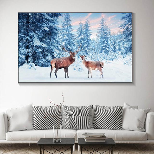 Animal Noble Deer In Winter Snow Forest Canvas Painting Posters and Prints Wall Art Pictures For Living Room Home Decor No Frame