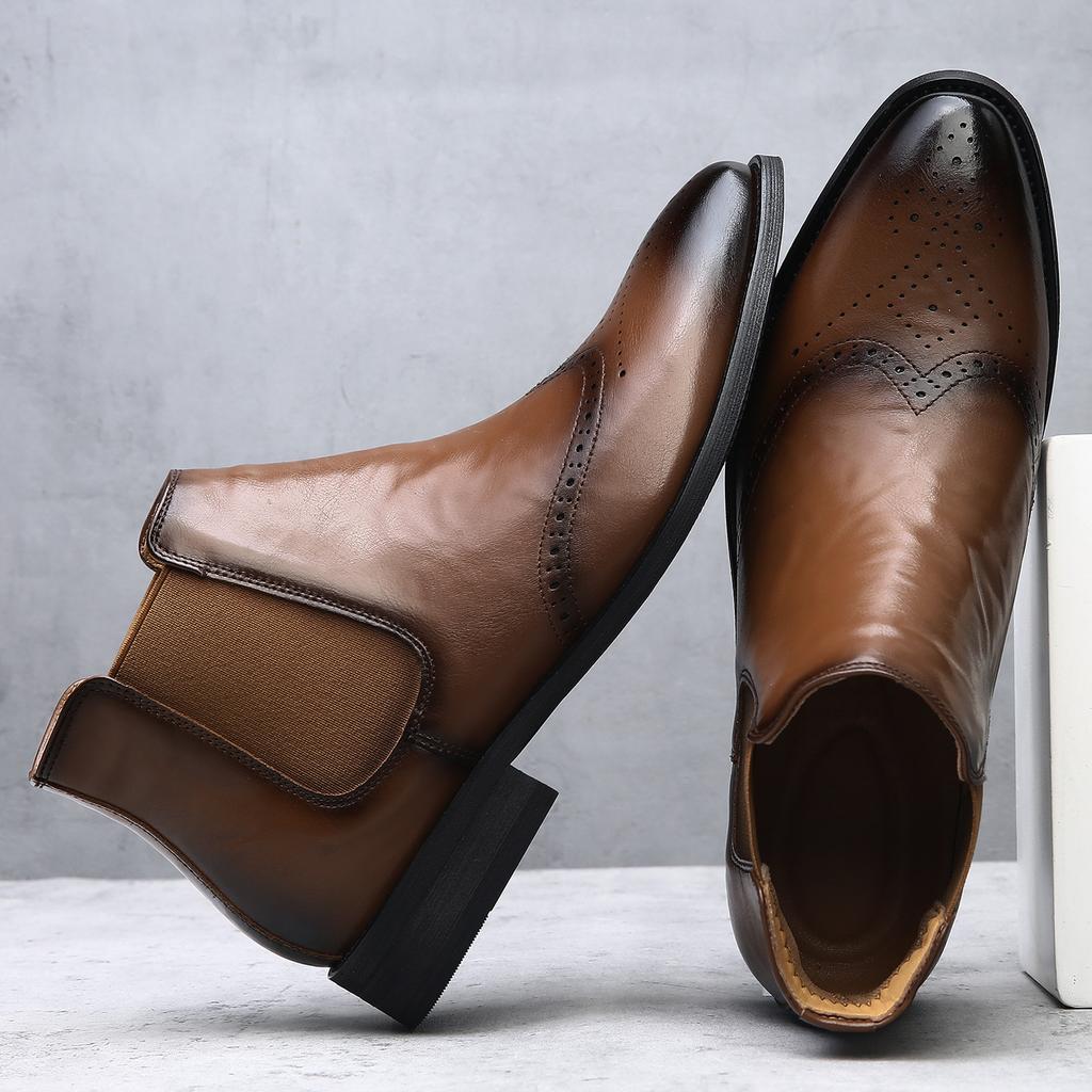 British Brock Carved Leather Chelsea Boots Men's Trend Business Dress High Top Leather Boots Men's Martin Boots