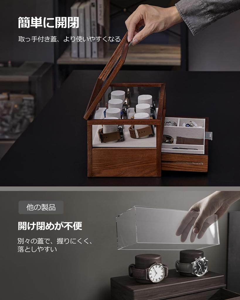 SONGMICS Watch Holds 7 Watch Storage Box with Clear Stylish Wooden Watch Day Gift for Men and Birthday JOW007K01 Case, Watches, 2-Tier Lid, Case,