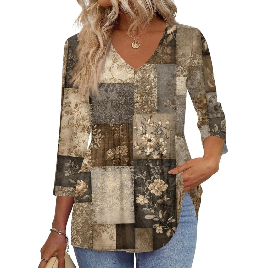 Women's T Shirt Print 3/4 Sleeve Fashion Basic V- Neck Regular Top