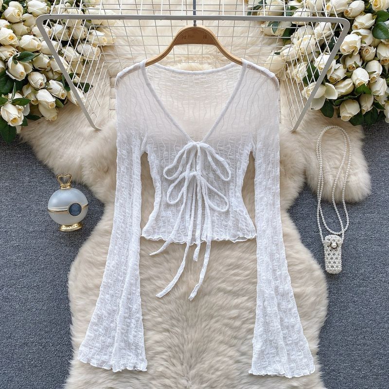 

Socialite Style Fancy Long Sleeve Tied Tulle Cardigan White S