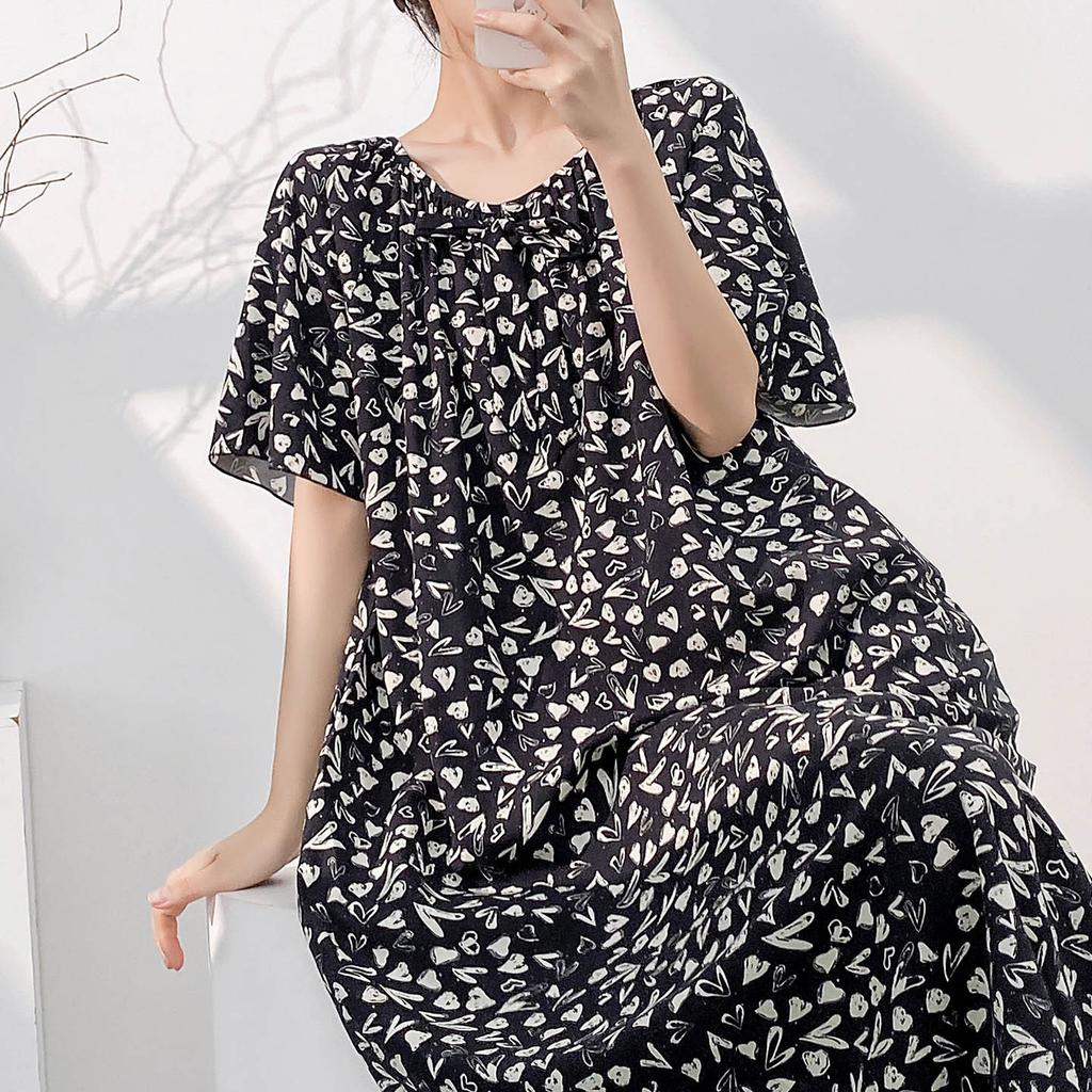 1011 new short-sleeved cotton and silk nightdress women's summer round neck can be worn outside medium and long loose high-end home skirt