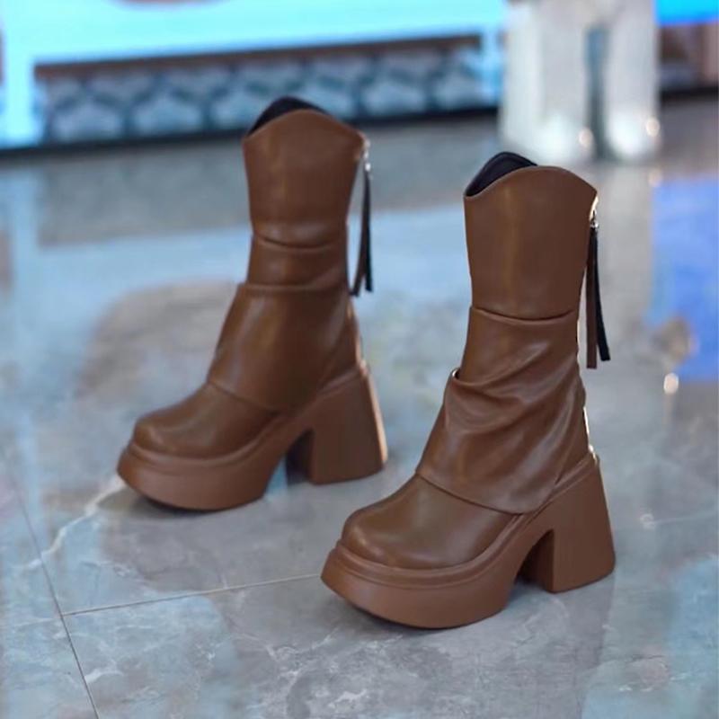 

мода Винтаж Платформа Женские Ботильоны Модные Короткие Ботильоны Осень Зима Толстые Высокие Каблуки Женская Обувь 35 коричневый
