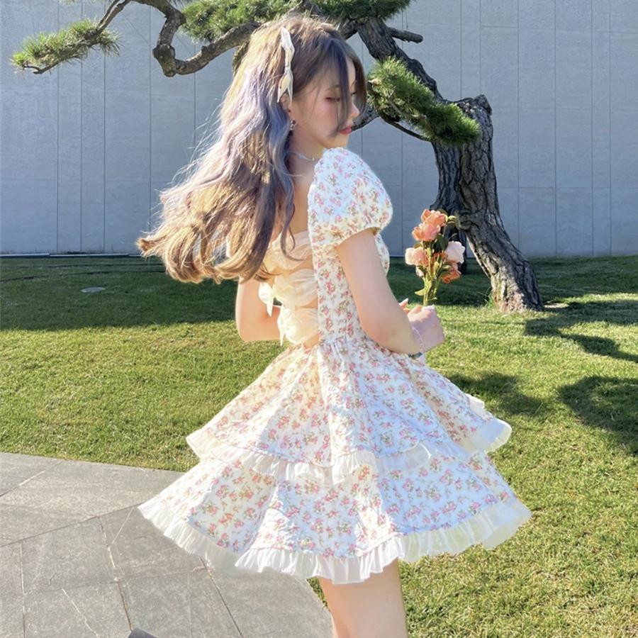 Floral Puff Sleeve Dresses Women Summer Bow Sweet Korean Style Backless Dress