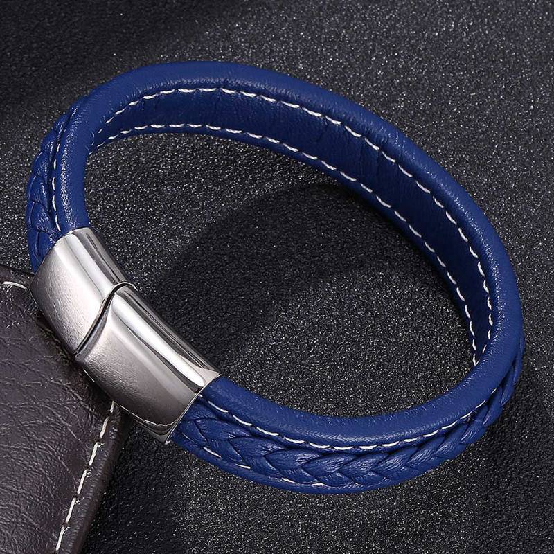 

Панк кожаный браслет для мужчин из нержавеющей стали с застежкой из нержавеющей стали, браслеты и браслеты, мужские ювелирные изделия, подарки 205mm синий